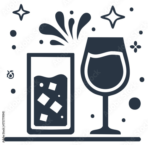 Refreshing drinks illustration with wine glass and iced beverage for celebration