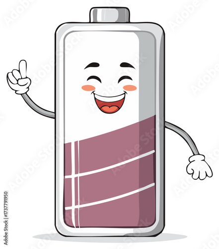 Happy cartoon battery character with full charge pointing upwards
