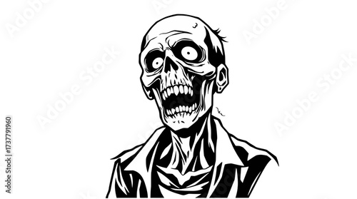 A black and white illustration of a grinning, undead zombie with a skeletal face.