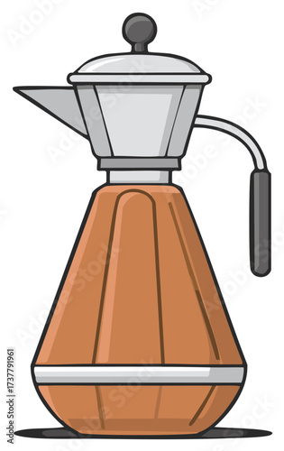 A stylized vector illustration of a classic brown and silver Italian Moka pot for brewing espresso coffee.