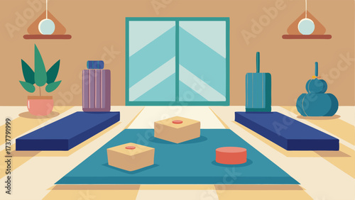 A peaceful yoga studio with mats blocks and bolsters available for use.