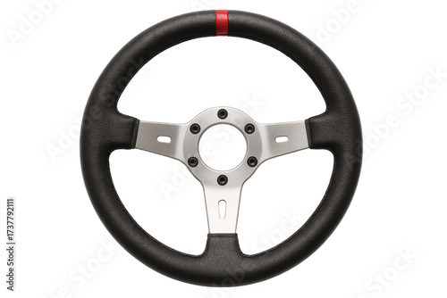 Racing car steering wheel with red stripe and transparent background