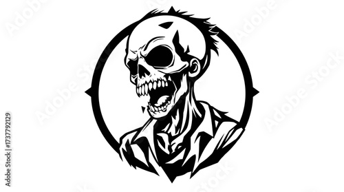 Graphic illustration of a zombie skull with an open mouth, wearing a collared shirt, enclosed in a circular frame.