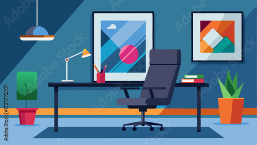 A modern home office with a sleek glass desk a black leather office chair and a colorful abstract art piece hanging on the wall.