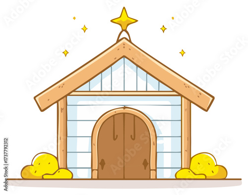 Cartoon Nativity Stable with Star and Hay for Christmas Greeting Card Design