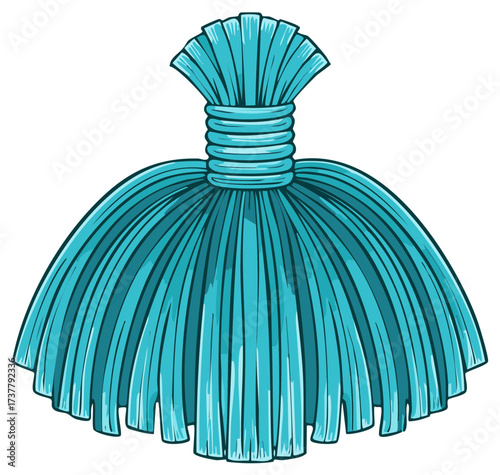 Illustration of a stylized teal dress with vertical line pattern and a gathered bodice