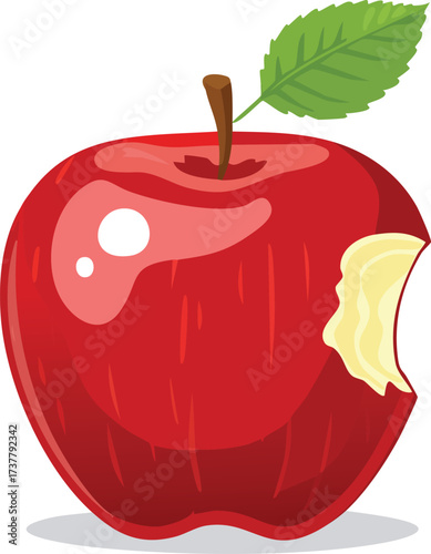 A ripe, red apple with a bite taken out of it. An isolated vector illustration for concepts of food, health, temptation, or knowledge. Generative AI