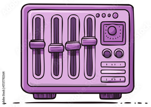 Vibrant cartoon music mixer illustration with sound equalizer sliders and audio control interface