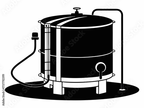 White cylindrical oil storage tank with connecting pipelines vector black silhouette illustration design on white background