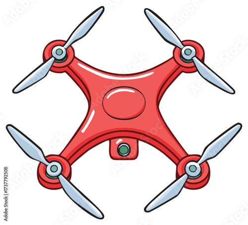 Red Quadcopter Drone with Four Propellers and Camera