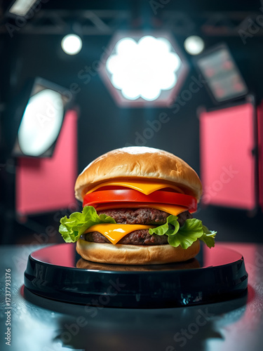 high-resolution cheeseburger shot on reflective black acrylic base, bright specular highlights on tomato and cheese, surrounded by defocused studio lights and softboxes