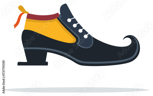 Cartoon illustration of an ornate, traditional shoe with a turned-up toe and ribbon detail.