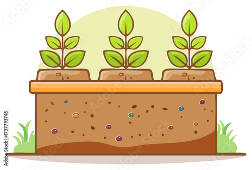 Cartoon illustration of a planter with seedlings, representing growth and the environment.