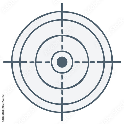 Target with concentric circles and crosshairs as aim point, illustration of a simple graphic with dashed lines