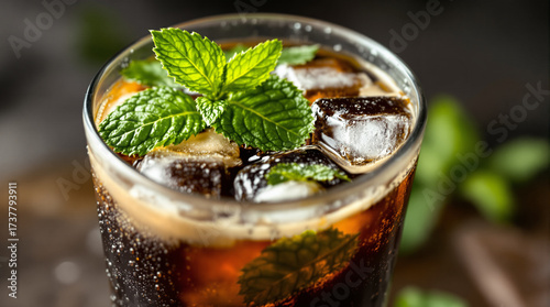 Iced coffee with mint and condensation in tall glass.