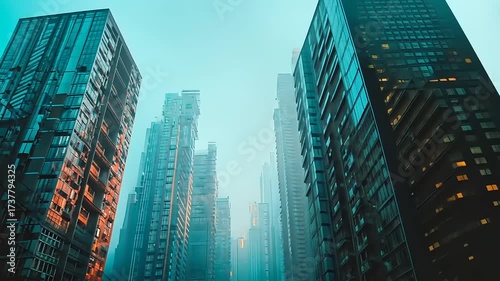 Foggy Cityscape with Skyscrapers at Dusk
