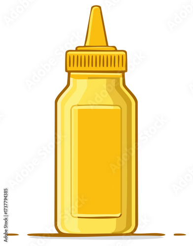 Mustard bottle, food condiment illustration, yellow color, isolated on white, graphic.