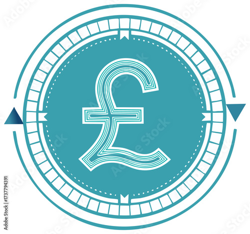 Stylized Pound Sterling Symbol inside Decorative Circular Frame with Geometric Accents