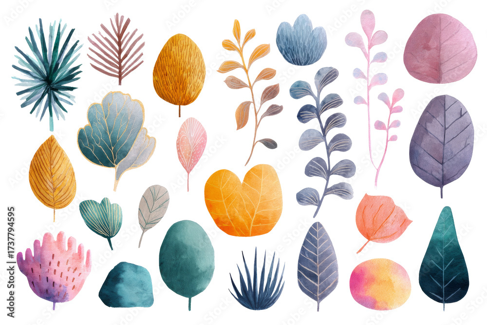 Fototapeta premium Watercolor botanical leaves and abstract plants on white background