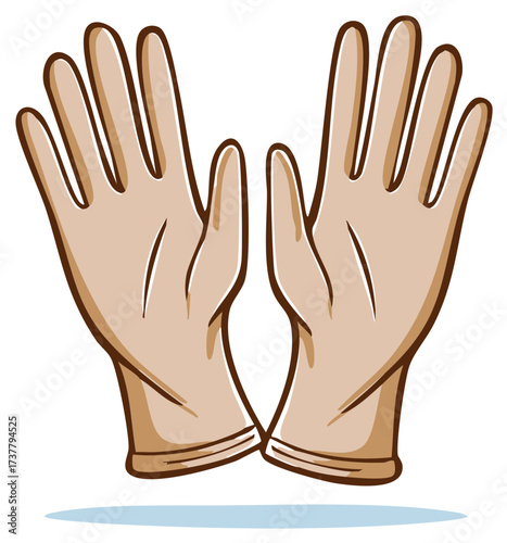 Pair of cartoon rubber gloves with long fingers and outlined edges, protective gear for hygiene or handling hazardous materials