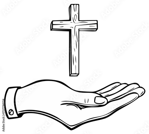 Line art illustration of an open hand holding a wooden Christian cross symbol of faith