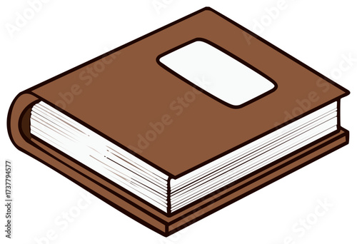Isometric view illustration of a brown book with blank label and pages, educational concept.