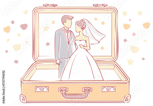 Honeymoon Trip: Groom and Bride in a Travel Suitcase Ready for a Wedding Adventure, Symbol of Newlyweds Journey