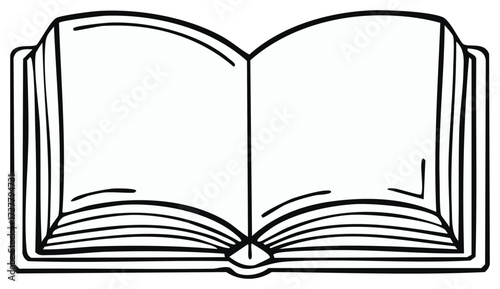 Open book illustration, black and white line art for education and reading concept