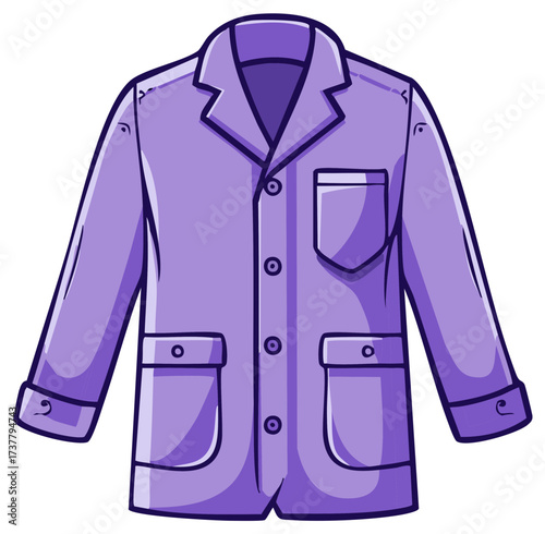 Cartoon illustration of a classic purple men's jacket with lapels and pockets