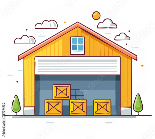 Yellow warehouse building with open garage door and stacked shipping boxes inside logistics concept illustration