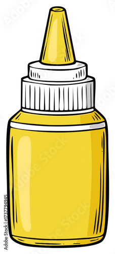 Bright yellow plastic squeeze bottle with white cap and pointed nozzle for liquids or sauces