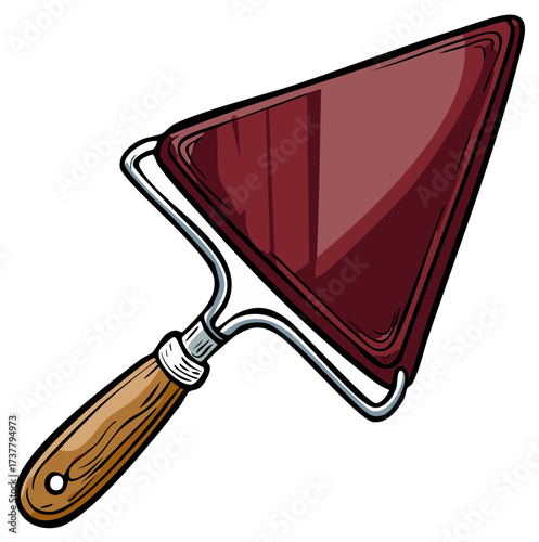 Triangular trowel tool with wooden handle for gardening or construction