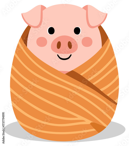Cute Piglet Swaddled in Blanket Illustration Animal Character Isolated