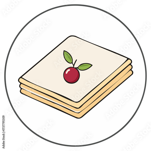 Illustration of a stack of pastries with cherry and leaves icon in circular frame