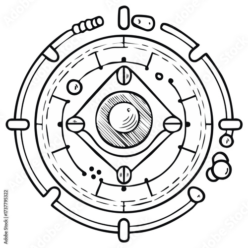 Hand-drawn illustration of a circular, geometric diagram or schematic with central focus.