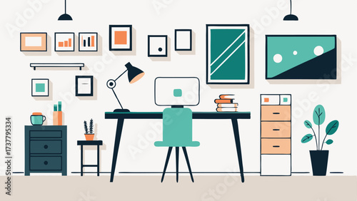 A home office with a simple white desk a wooden chair and a gallery wall of black and white line drawings.