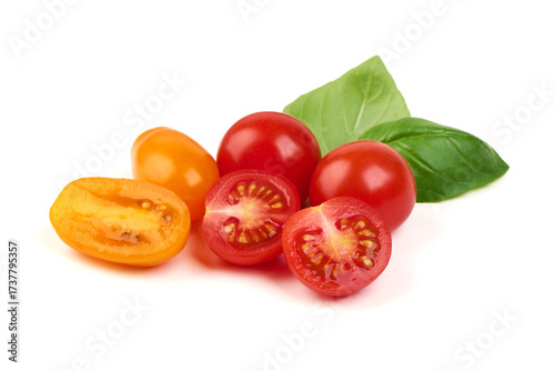Cherry Tomatoes, Basil, Cut Tomatoes, isolated on white background