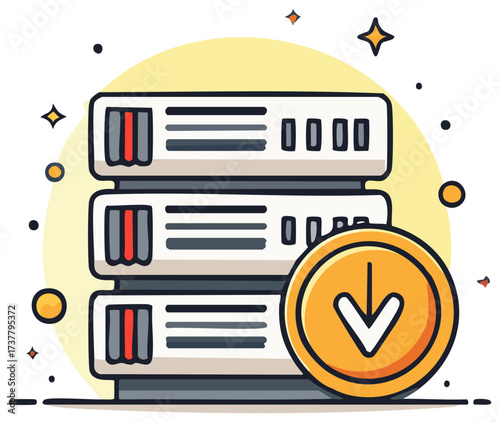 Cartoon illustration of a server stack with a download symbol for data transfer and storage