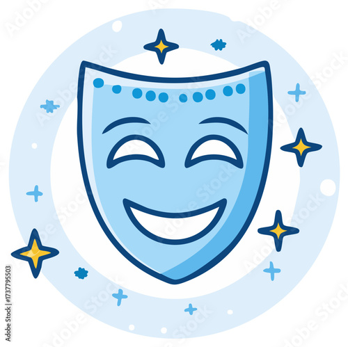 Smiling drama mask illustration with shining stars symbolizing acting theater and joyful performance