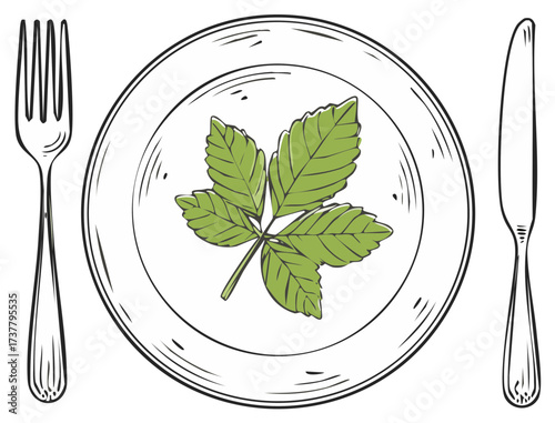 Plate with herb and cutlery illustration