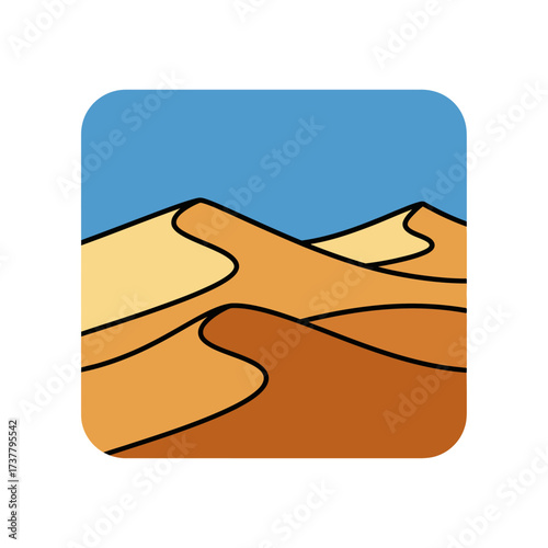 Stylized Desert Landscape with Rolling Sand Dunes and Clear Blue Sky.