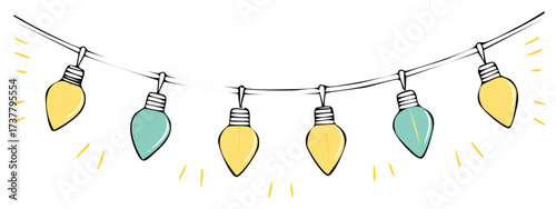 Hand-drawn string of festive lights, illustration of colorful bulbs on a wire