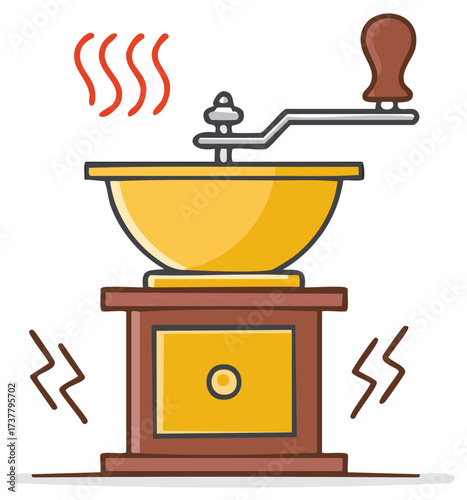 Antique Coffee Grinder with Red Steam Animated Cartoon Illustration