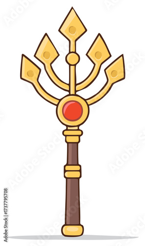Golden Magic Staff with Red Gem Isolated on White Background Fantasy Item