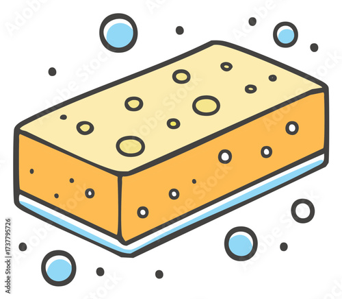 Cartoon illustration of a yellow kitchen sponge with a scouring pad and soap bubbles