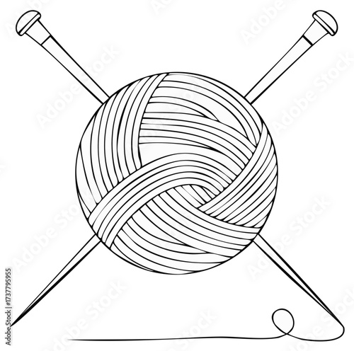 Knitting yarn ball with crossed needles creative craft hobby illustration line art