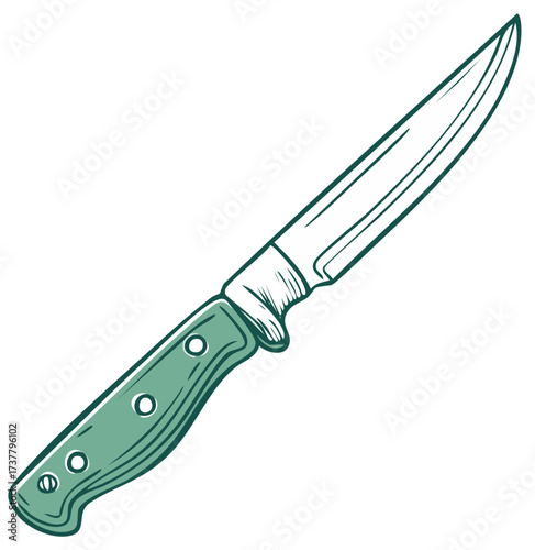 Hand Drawn Camping Knife with Green Handle Isolated