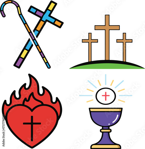 Christian Symbols Collage: Shepherd's Crook, Crosses, Flaming Heart, Chalice staff