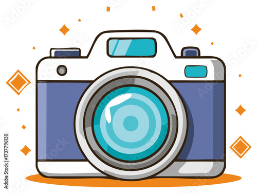 Blue and white cartoon camera with glowing orange accents and a bright blue lens