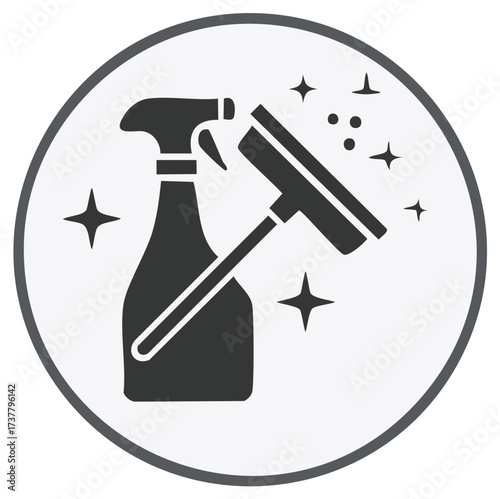 Window Cleaning Glyph Icon with Squeegee and Spray Bottle with Sparkles